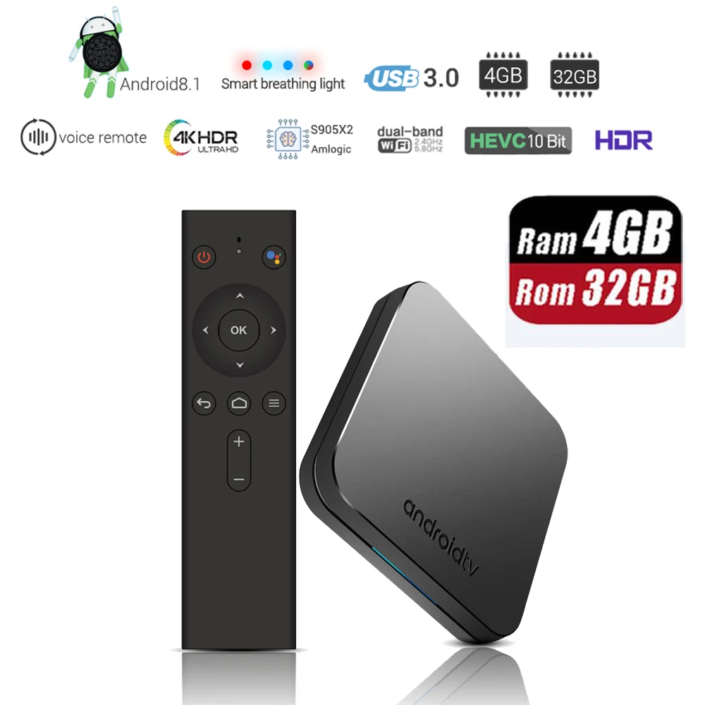 Koqit S905X2 4G DDR4 32G Bluetooth 4.1 Android 8.1 TV Box 4K HDR Dual-Band Wifi USB 3.0 breathing light/3D Smart Voice Control
Koqit S905X2 4G DDR4 32G Bluetooth 4.1 Android 8.1 TV Box 4K HDR Dual-Band Wifi USB 3.0 breathing light/3D Smart Voice Control