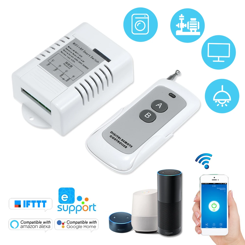 433Mhz RF Transmitter Remote Controls 1CH WIFI + RF Smart Switch Garage Door Opener Wireless Remote Switch Relay 30A Receiver
433Mhz RF Transmitter Remote Controls 1CH WIFI + RF Smart Switch Garage Door Opener Wireless Remote Switch Relay 30A Receiver