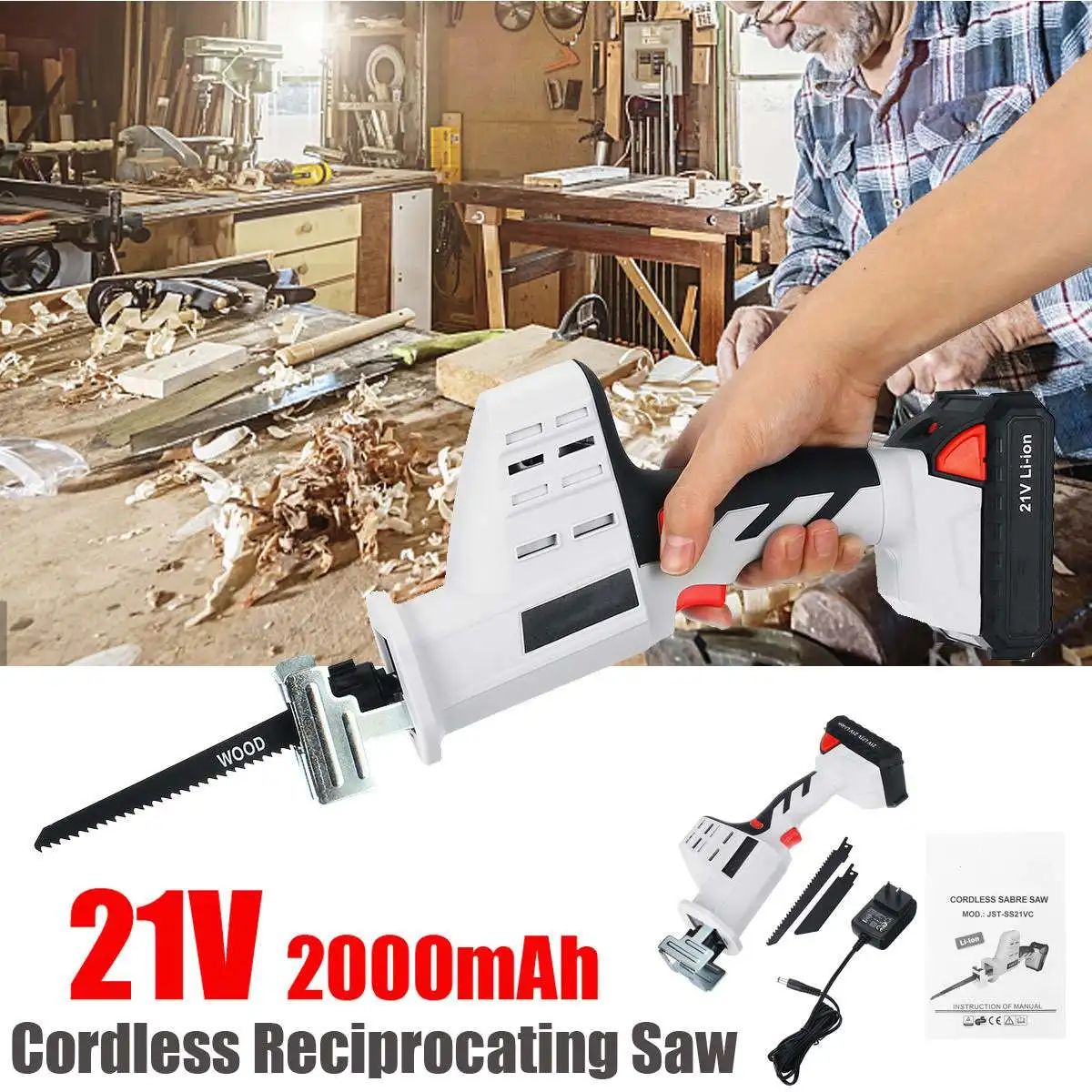 21V 2000 mAh Reciprocating Saw Household Multi-function Portable Chainsaw Woodworking Chainsaw Hand Saw
21V 2000 mAh Reciprocating Saw Household Multi-function Portable Chainsaw Woodworking Chainsaw Hand Saw