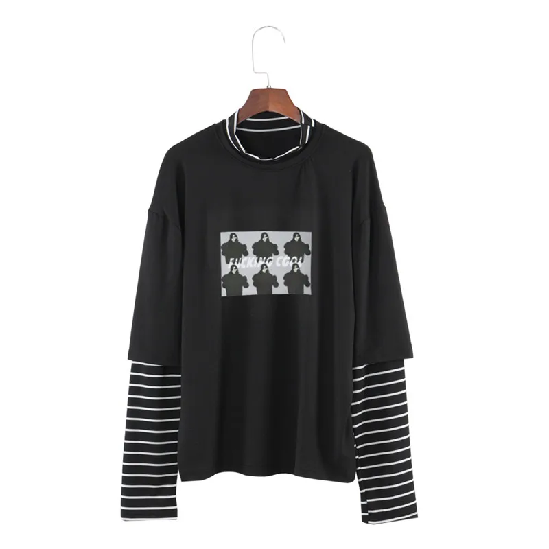 Character Print Stripe T Shirt Fake 2 Pieces Long Sleeve O Neck Women T-shirt Spring Autumn Casual Loose Tee Tops
Character Print Stripe T Shirt Fake 2 Pieces Long Sleeve O Neck Women T-shirt Spring Autumn Casual Loose Tee Tops