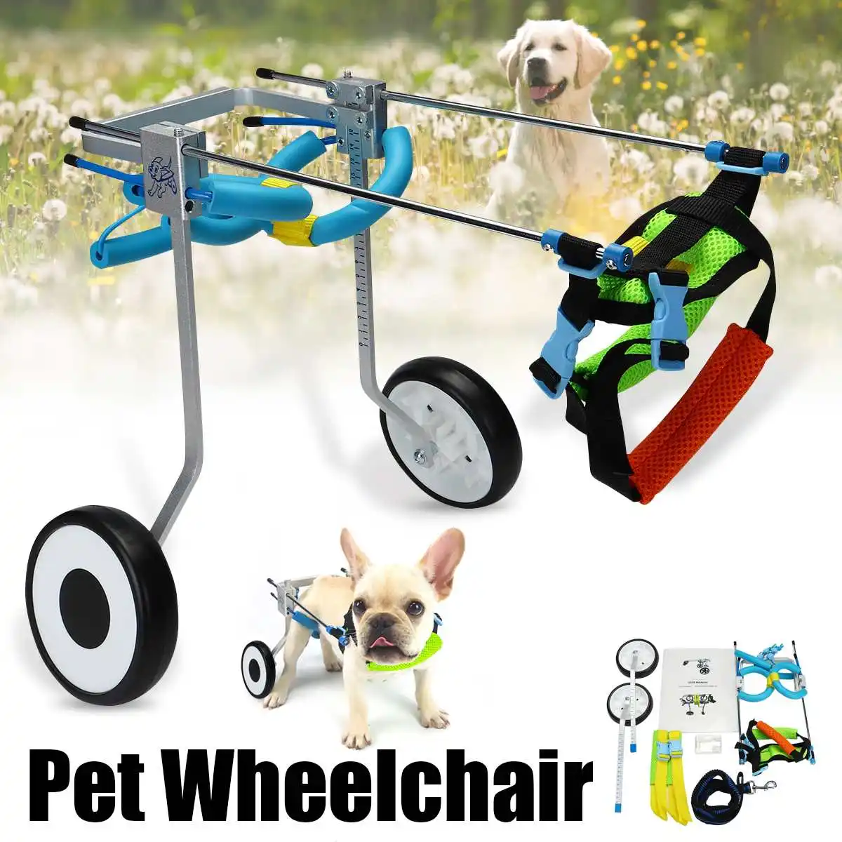 

2 Wheel 5" Pet Dog Cat Wheelchair Aluminium Walk Cart Scooter For Handicapped Hind Leg XS Model Pet Weight 3-15kg can Adjusted