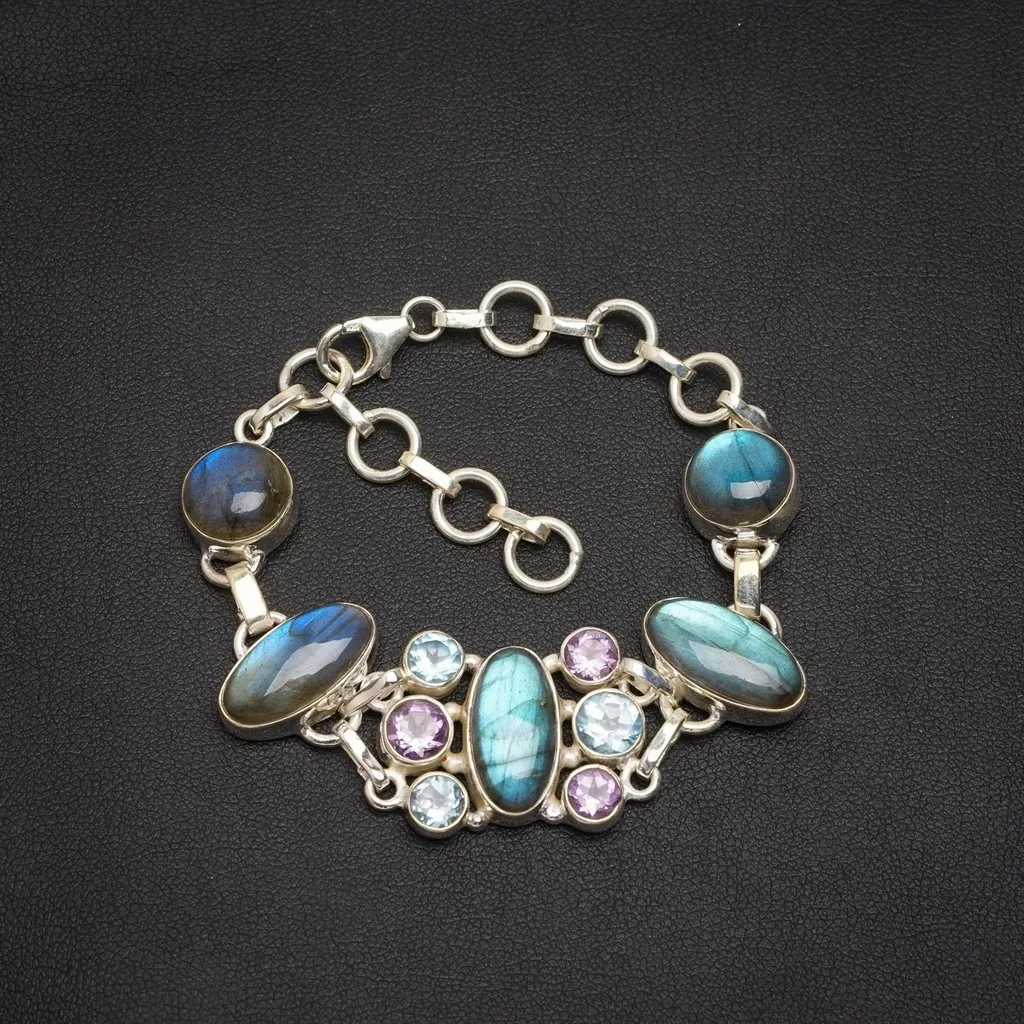 Natural Labradorite,Blue Topaz and Amethyst Handmade Unique 925 Sterling Silver Bracelet 6-7.5" A3108
Natural Labradorite,Blue Topaz and Amethyst Handmade Unique 925 Sterling Silver Bracelet 6-7.5" A3108