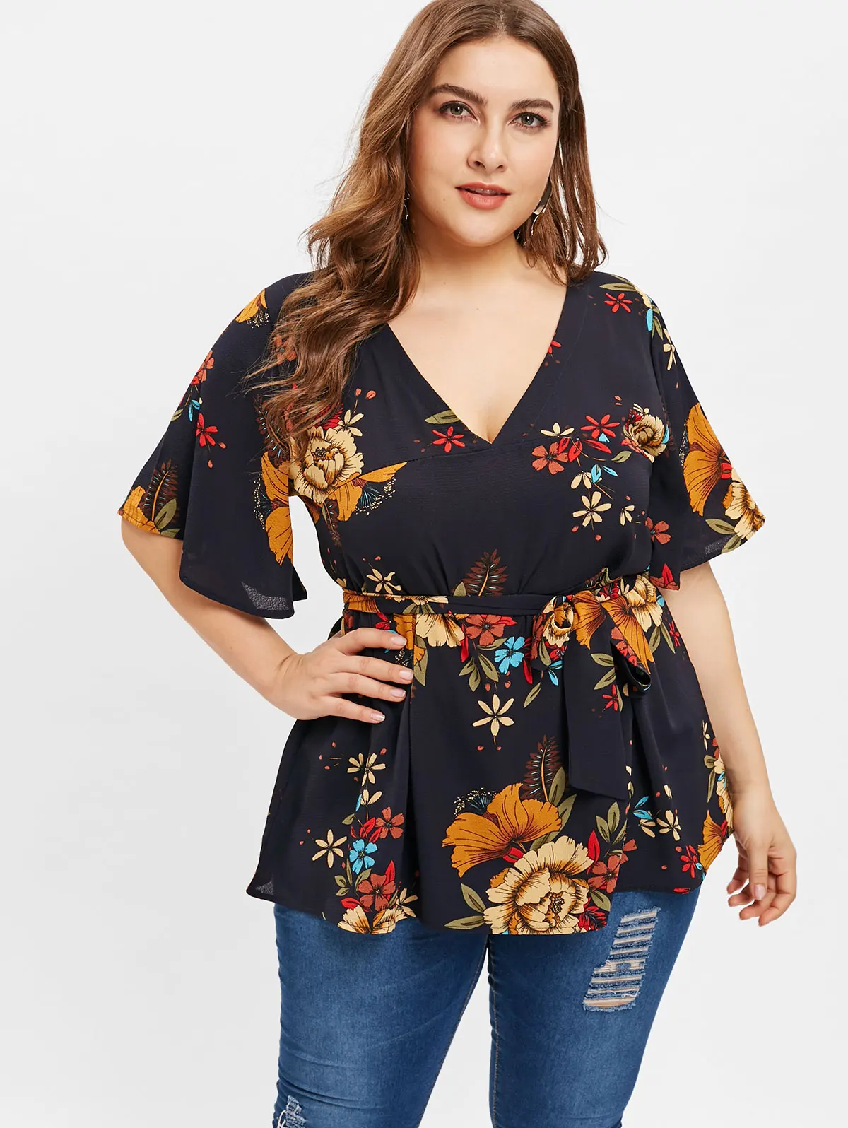 Wipalo Women Floral Print Plus Size Belted Blouse Plunging Neck Half Flare Sleeves High Waist Casual Blouse Shirt Ladies Tops
Wipalo Women Floral Print Plus Size Belted Blouse Plunging Neck Half Flare Sleeves High Waist Casual Blouse Shirt Ladies Tops