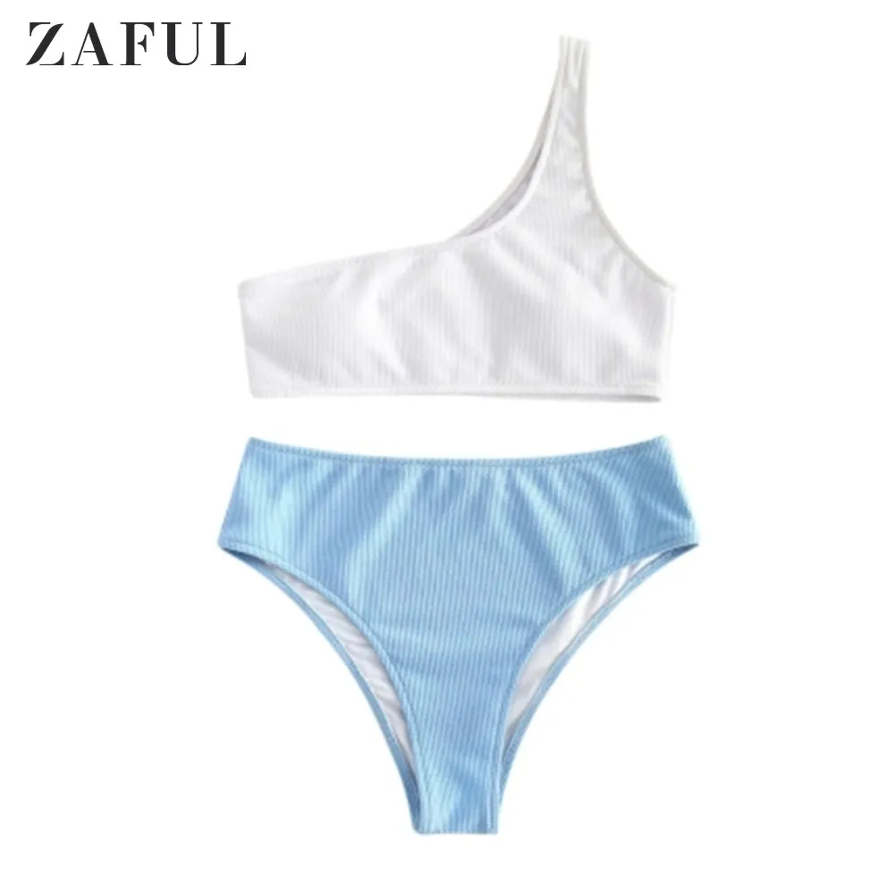 

ZAFUL Women Bikini Set Two Tone High Rise One Shoulder Bathing Suit Lady Sexy Bikini Swimwear Summer Beach Swimsuit