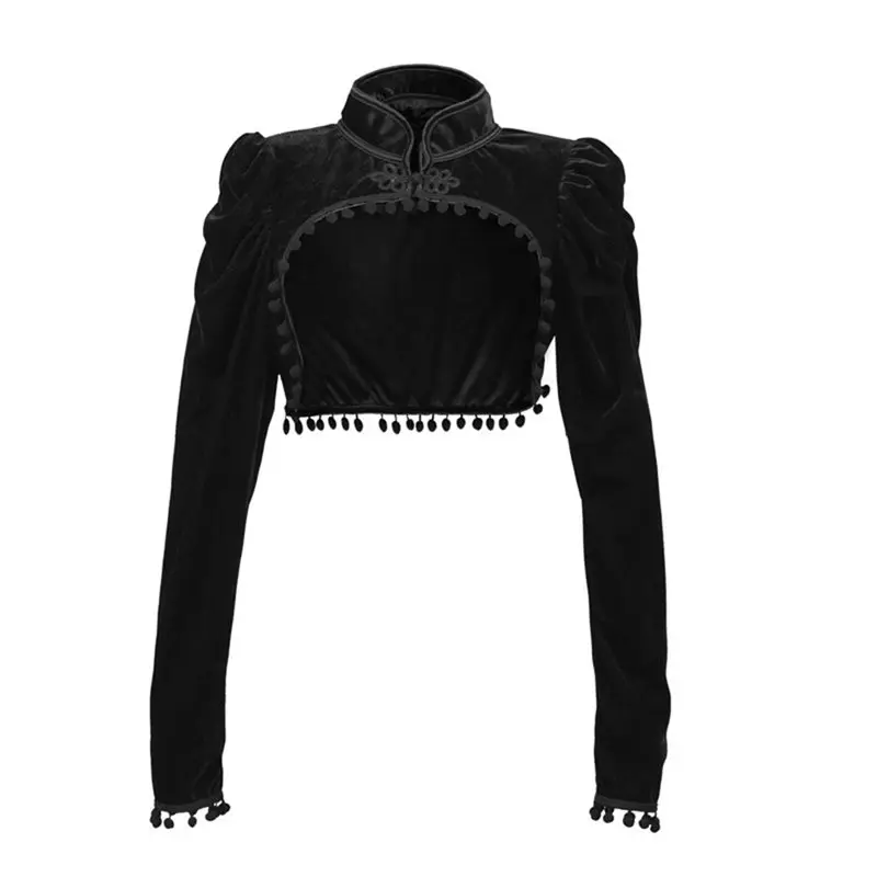 Summer Chinese Style Office Lady Gothic Chic Black Retro Women Tops Slim Stand Collar Tassel Button Sexy Elegant Female T-Shirts
Summer Chinese Style Office Lady Gothic Chic Black Retro Women Tops Slim Stand Collar Tassel Button Sexy Elegant Female T-Shirts