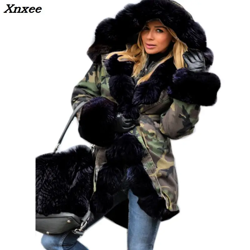 

Xnxee NewWomen Coat Classic Black Artificial Fur Camouflage Green Military Slim Winter Female Parka Long Thick Warm Hood Jacket