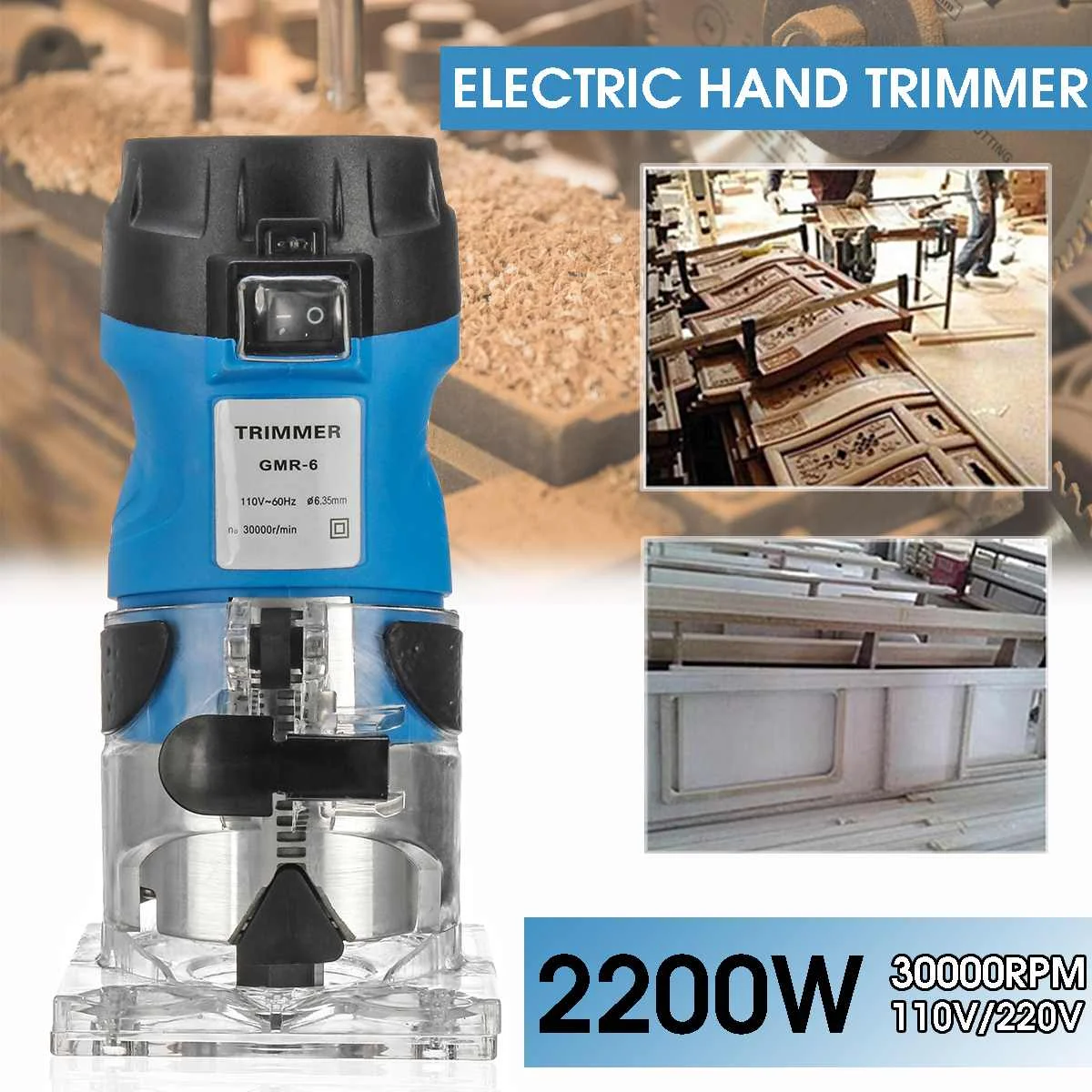 50HZ 110V 220V 2200W Electric Hand 30000r/min 6.35mm Trimmer Wood Laminator Router Woodworking Joiners Power Tools
50HZ 110V 220V 2200W Electric Hand 30000r/min 6.35mm Trimmer Wood Laminator Router Woodworking Joiners Power Tools