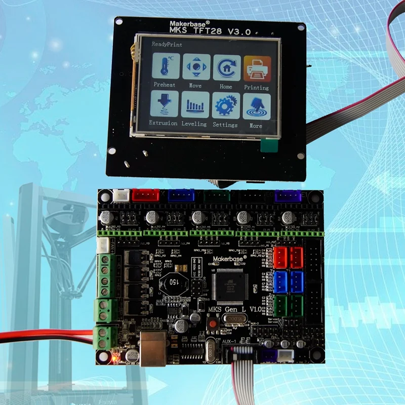 MKS GEN L V1.0 + MKS TFT28 LCD mini panel touching display for 3d printer starts
MKS GEN L V1.0 + MKS TFT28 LCD mini panel touching display for 3d printer starts