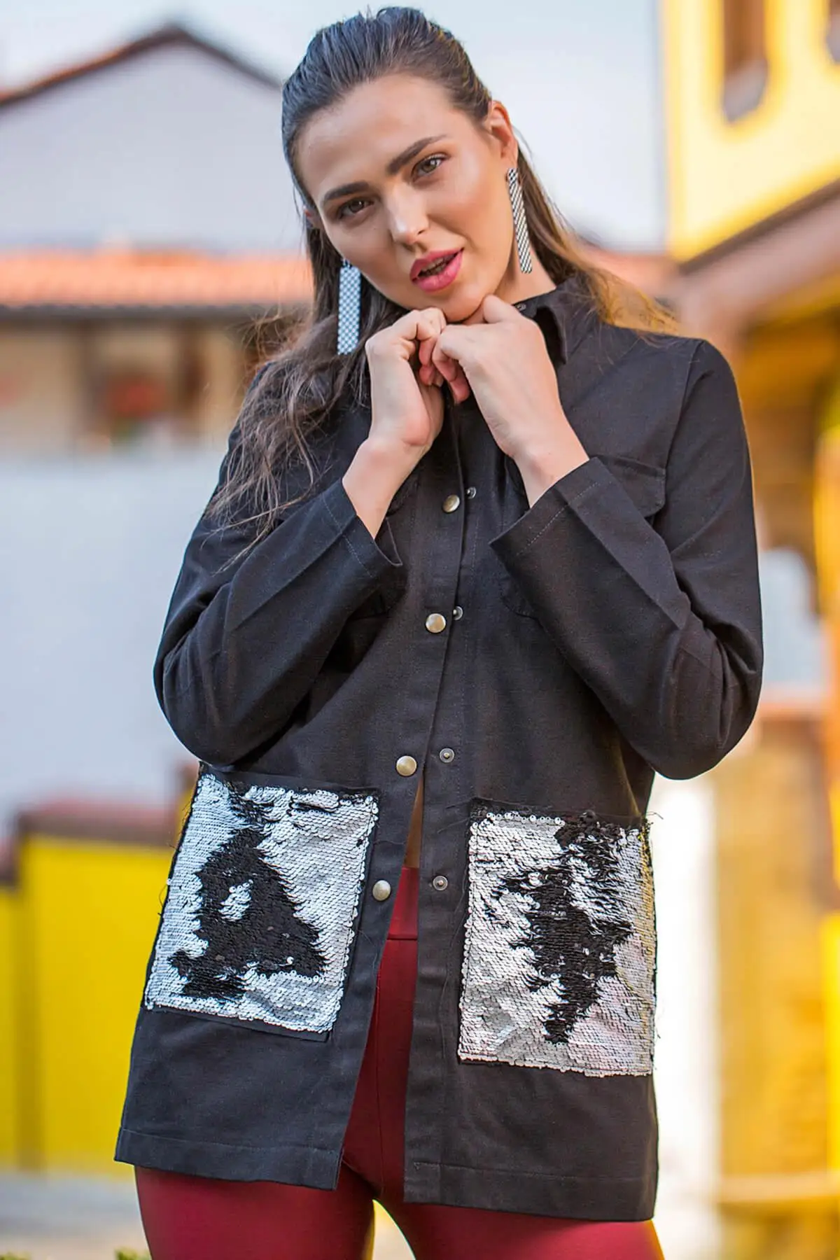 Armonika женский черный плащ-Тренч с блестками и карманами ARM-18Y013022 | Женская одежда