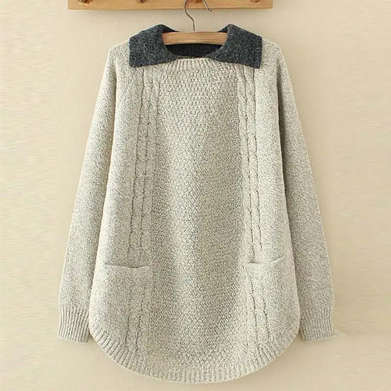 2019 Winter Women Long Sleeve Knitted Sweater Casual Lapel Neck Patchwork Pullover Ladies Loose Jumper Femme Pull Top Plus Size
2019 Winter Women Long Sleeve Knitted Sweater Casual Lapel Neck Patchwork Pullover Ladies Loose Jumper Femme Pull Top Plus Size