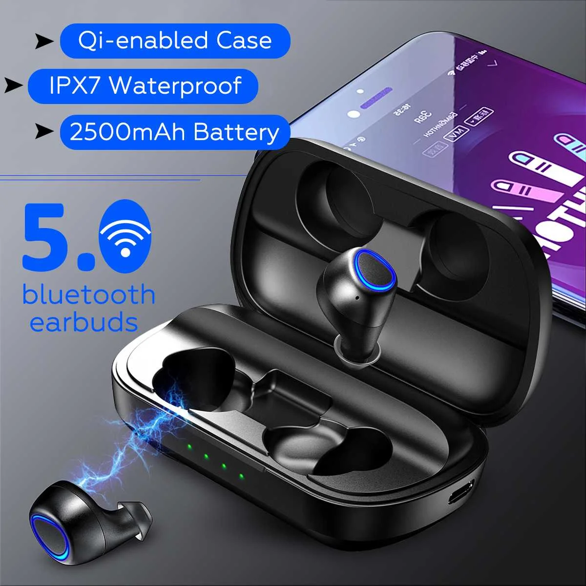 

TWS Wireless bluetooth 5.0 Earphones DSP Noise Reduction QI-Enabled IPX7 Waterproof Earbuds Headset With 2500mAH Power bank