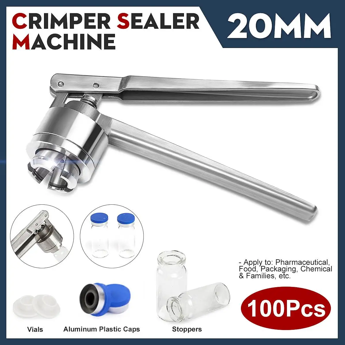 20mm Stainless Steel Hand Held Crimper Vial Sealer Manual Crimper Sealing Machine Flip Off Capping + 100 Vials Stoppers+Caps
20mm Stainless Steel Hand Held Crimper Vial Sealer Manual Crimper Sealing Machine Flip Off Capping + 100 Vials Stoppers+Caps