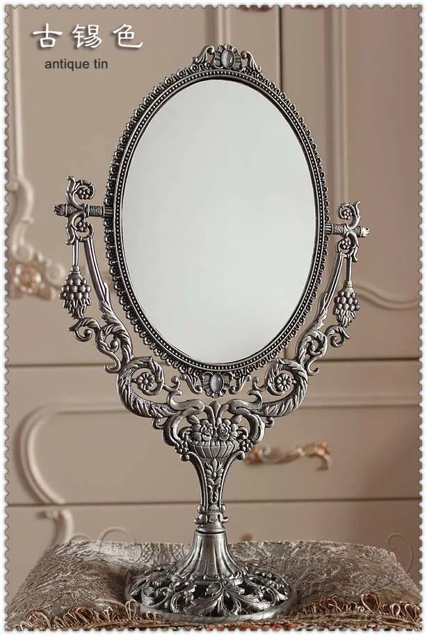 

oval 360 degree rotating double-face desktop makeup mirror decorative dresser cosmetic mirror embossed metal mirror frame 331A