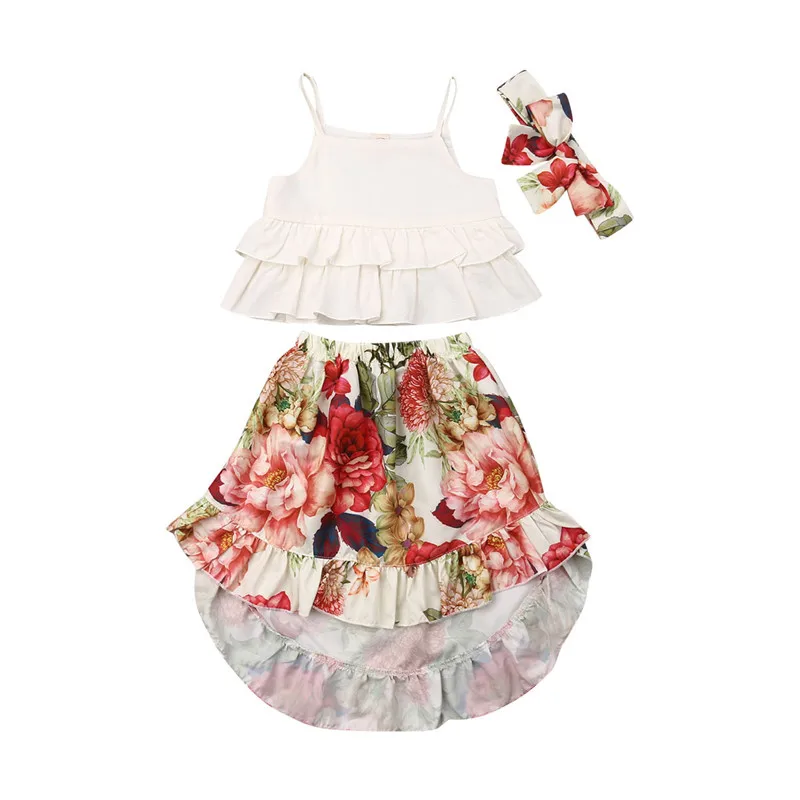 Cute Kids Girl Princess Summer Clothes 2019 Baby Sleeveless Ruffles Suspenders Tops Vest Flower Printed Skirts 3Pcs Outfits | Детская