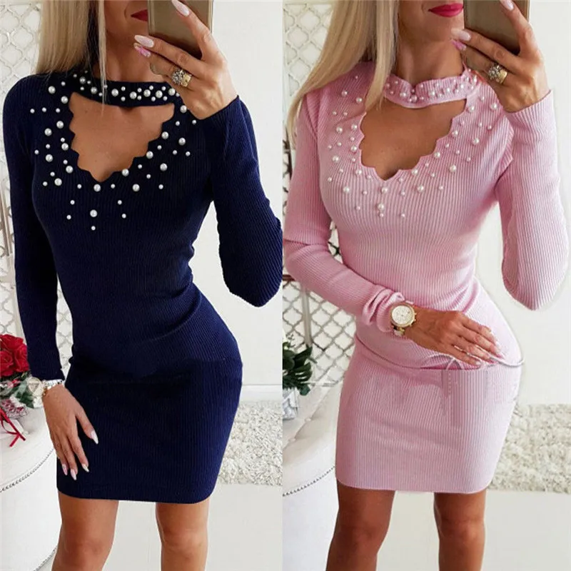 Womens Bandage Bodycon Solid Color Dresses Long Sleeves Exposed Clavicle Hollow Out Mini Dress Ladies Knitted Beads Party Dress
Womens Bandage Bodycon Solid Color Dresses Long Sleeves Exposed Clavicle Hollow Out Mini Dress Ladies Knitted Beads Party Dress