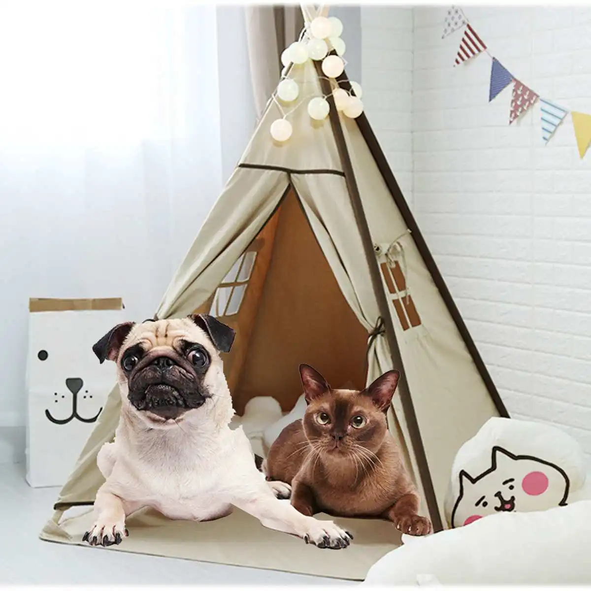Dog Pet Tents 2 Sizes Supplies White Canvas Teepee House Pet Bed Cat Bed House Portable Dog Tent Beds 
Dog Pet Tents 2 Sizes Supplies White Canvas Teepee House Pet Bed Cat Bed House Portable Dog Tent Beds