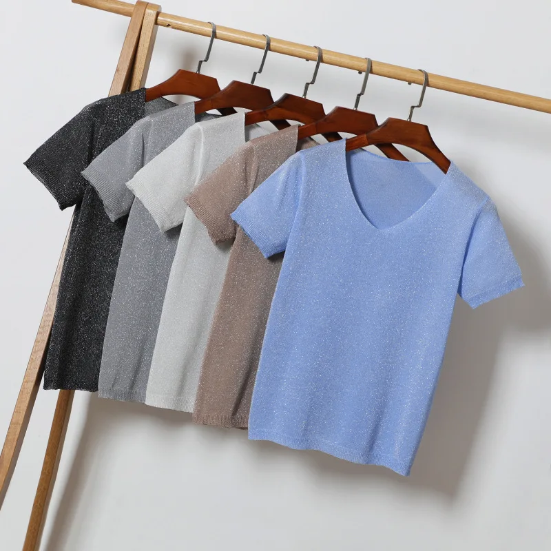 Queechalle knitted pullover Women's bright silk short sleeve casual thin sweater Female solid V neck loose tops women basic tee
Queechalle knitted pullover Women's bright silk short sleeve casual thin sweater Female solid V neck loose tops women basic tee
