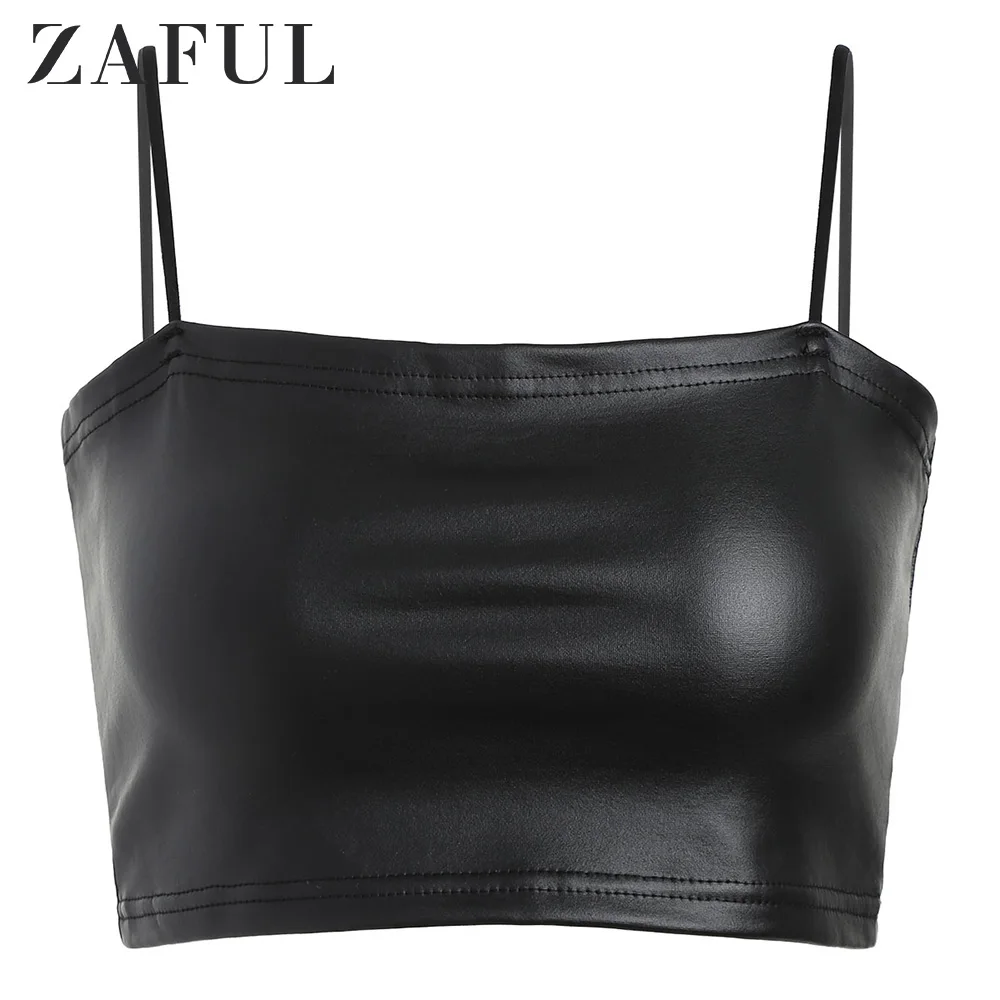 

ZAFUL Cami Faux Leather Crop Top Camis Strapless Solid Short Shirt Women Summer Tops Underwear Streetwear Moto Biker Clothes