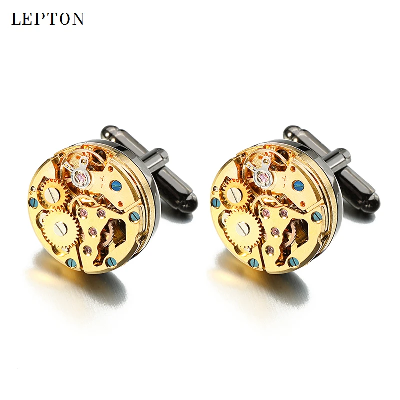 

Lepton Watch Movement Cufflinks for immovable Gold Color Steampunk Gear Watch Mechanism Cuff links for Mens Relojes gemelos