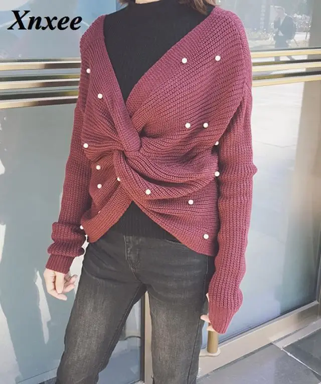 Pearl Beads V Neck Twist Sweater Burgundy Women Sweaters Pullovers Long Sleeve Casual Solid Pullover | Женская одежда