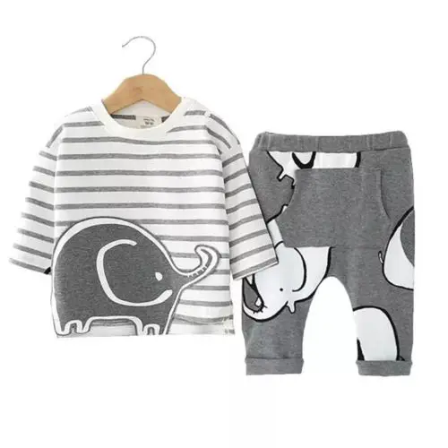 2019 Newborn Baby Girl Boy Clothes Set Long Sleeve Cartoon Elephant Print Striped T-shirt Tops+ Pocket Harem Pants 2PCS | Мать и ребенок