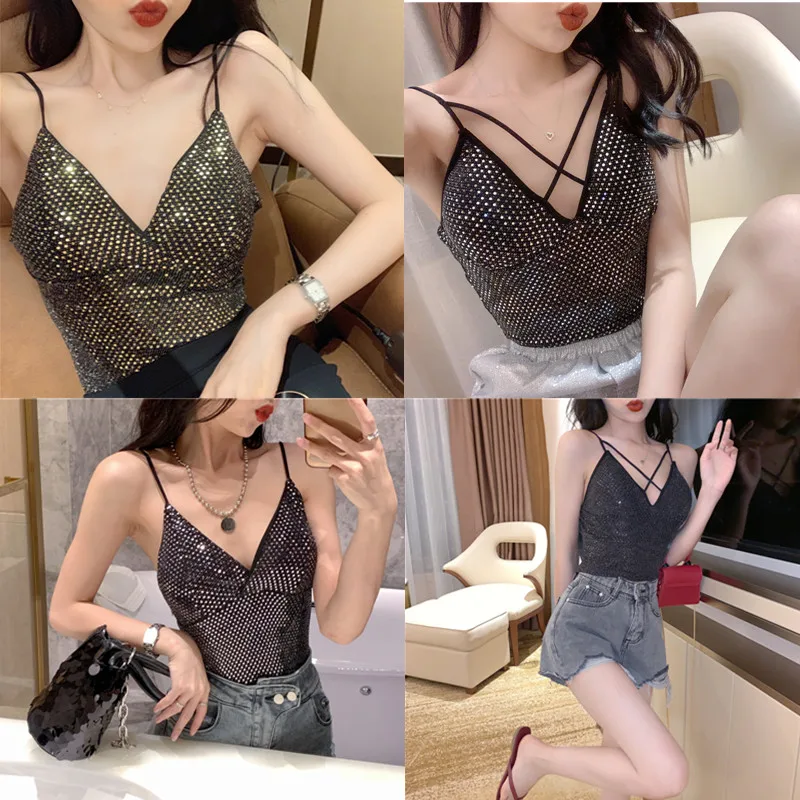 New Women Sexy Deep V-neck Stretchy Sequined Camis Tops Girl Padded Tank Tops Sleeveless T shirts DX3694 
New Women Sexy Deep V-neck Stretchy Sequined Camis Tops Girl Padded Tank Tops Sleeveless T shirts DX3694
