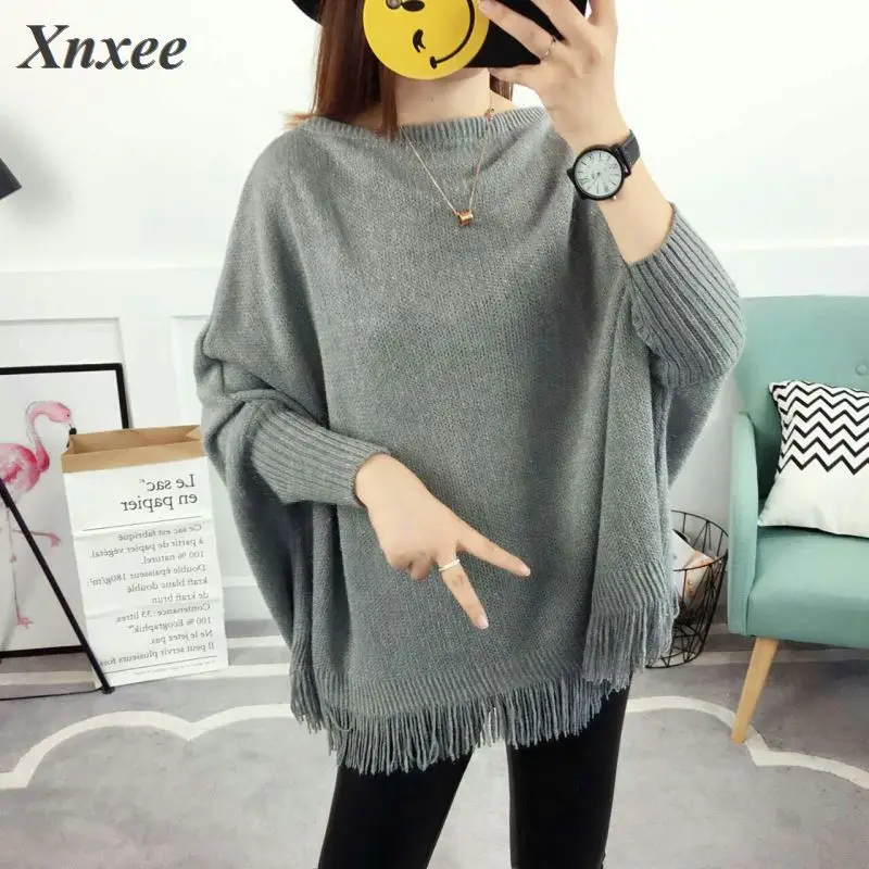 2020 Women Pullovers And Sweaters Loose Tassel Soft Shawl Poncho Slash Neck Bat Long Sleeve Pullover Sweater | Женская одежда