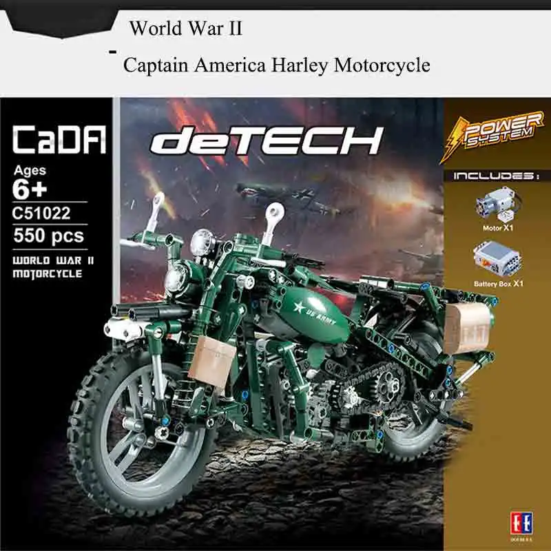 CADA C51022 550pcs Technic Military World War II WW2 Captain America Electric Motorcycle Remote Control Blocks
CADA C51022 550pcs Technic Military World War II WW2 Captain America Electric Motorcycle Remote Control Blocks