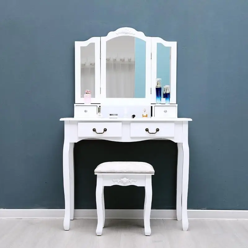 Dressing Table with Dressing Stool Foldable 3 Mirrors 4 Drawers Makeup Desk Jewelry Cosmetics Storage Box Bedroom Furniture
Dressing Table with Dressing Stool Foldable 3 Mirrors 4 Drawers Makeup Desk Jewelry Cosmetics Storage Box Bedroom Furniture
