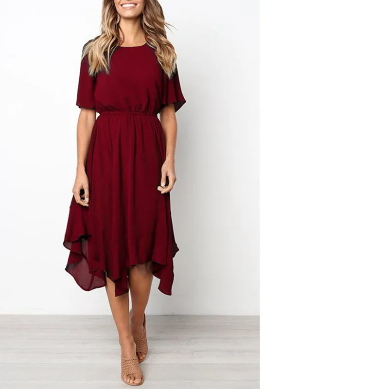 Summer Solid Color Round Neck Short Flare Sleeve Dress Elasticity Waist Irregular Hem Dress Vetement Femme Ey*
Summer Solid Color Round Neck Short Flare Sleeve Dress Elasticity Waist Irregular Hem Dress Vetement Femme Ey*