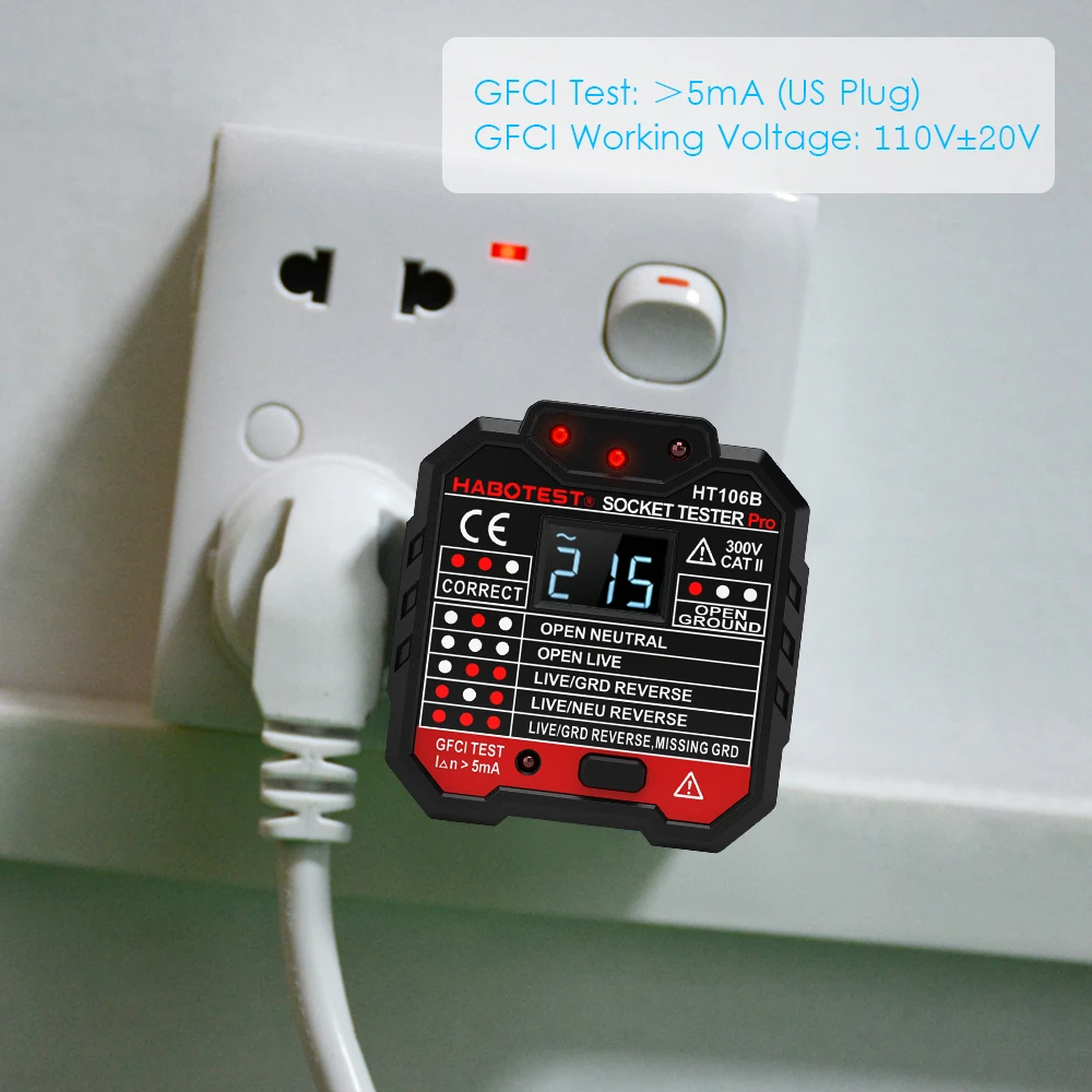 Electric Socket Tester Automatic Neutral Live Earth Wire Testing Circuit Polarity Detector Wall Plug Breaker Finder HT106B US
Electric Socket Tester Automatic Neutral Live Earth Wire Testing Circuit Polarity Detector Wall Plug Breaker Finder HT106B US