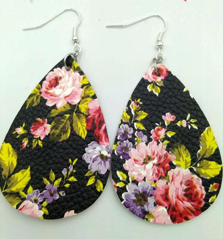 

New Printed Floral Leather Earrings 2018 Spring Fashion Statement Teardrop Earring for Women Jewelry Wholesale Aretes De Mujer