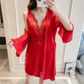 Lisacmvpnel Spring New Pattern Sexy Eyelashes Lace Camisole Night Skirt Robe Set Imitation Silk High Temptation Home Sleepwear
Lisacmvpnel Spring New Pattern Sexy Eyelashes Lace Camisole Night Skirt Robe Set Imitation Silk High Temptation Home Sleepwear