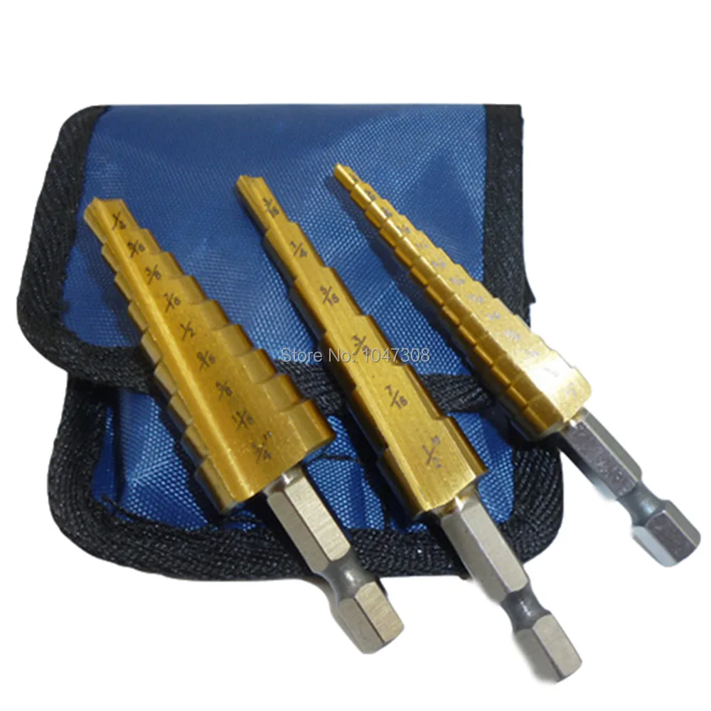 3pcs Titanium Step Drill Bit Impact Driver 3/16"-1/2" 1/4"-3/4" 1/8"-1/2" Cone Drill Bits Deburr Holes Steel Wood Drilling Bit
3pcs Titanium Step Drill Bit Impact Driver 3/16"-1/2" 1/4"-3/4" 1/8"-1/2" Cone Drill Bits Deburr Holes Steel Wood Drilling Bit