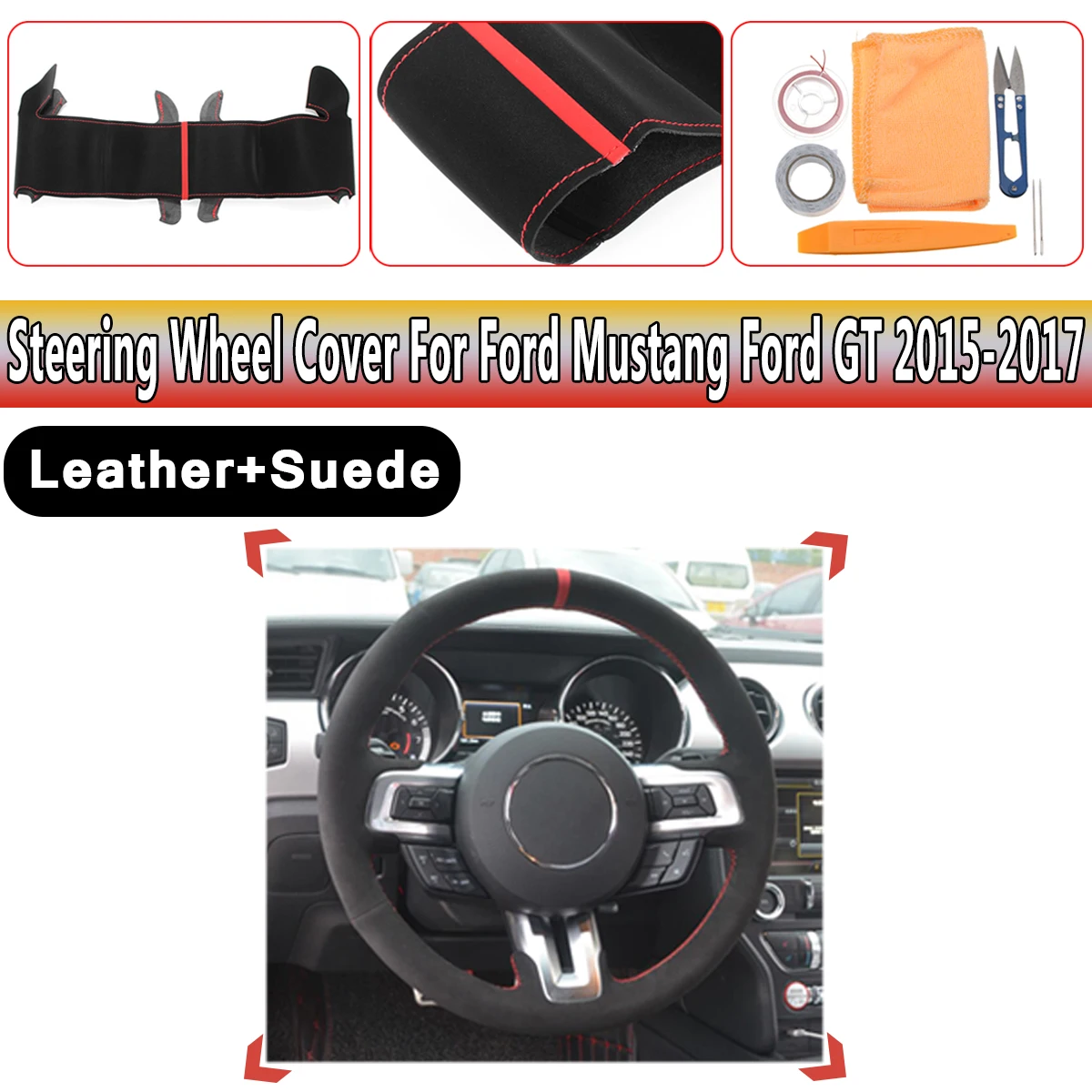 Black Leather Suede Steering Wheel Cover Wrap For Ford For Mustang GT 2015 2016 2017 with Sewing Tool Set
Black Leather Suede Steering Wheel Cover Wrap For Ford For Mustang GT 2015 2016 2017 with Sewing Tool Set