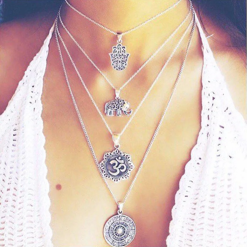 Necklace High Quality Silver Adjustable Multilayer Personality Elephant Boho Party Om Compass Palm Wedding Long 1Set
Necklace High Quality Silver Adjustable Multilayer Personality Elephant Boho Party Om Compass Palm Wedding Long 1Set
