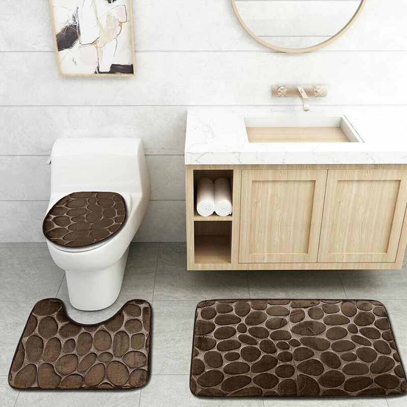 

3Pcs Non-slip Soft Bath Pedestal Mat Toilet Lid Carpet Bathroom Washable Rug Set Cobblestone shape Home Bathroom Mats New