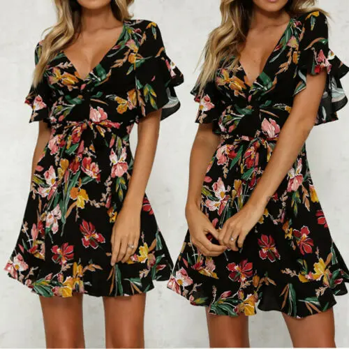 2019 Women Floral Summer Beach Mini Dress V-neck Evening Party Ruffles A-line Chiffon Sundress Holiday Dress
2019 Women Floral Summer Beach Mini Dress V-neck Evening Party Ruffles A-line Chiffon Sundress Holiday Dress