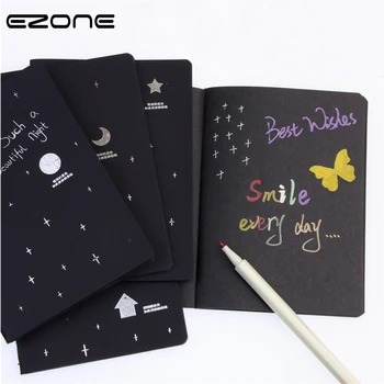 

EZONE Black Page Notebook Painting Graffiti 28 Sheets Creative Drawing Book For Children 10 Colors Marker Pen Sketchbook 14*13cm