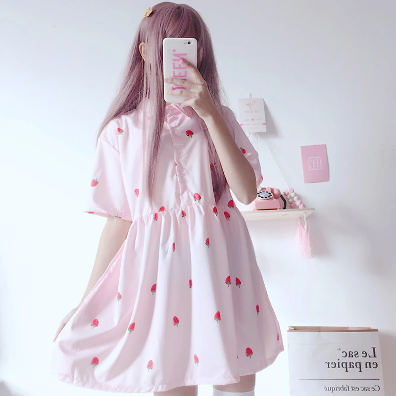 Летнее японское Новое милое свободное платье с рисунком клубники для девочек