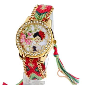 

Gnova platinum Watch Women Girl Puppy Roses Rhinestone dial Fashion wristwatch Lace Gold Chain Braid Reloj