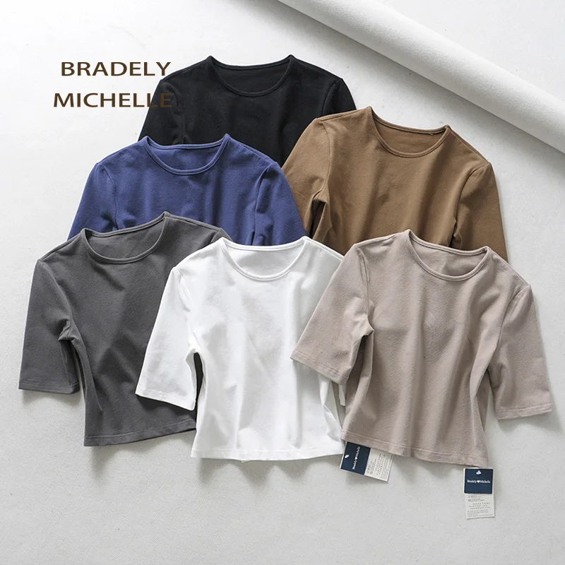 

BRADELY MICHELLE crop tops for women 2018 Sexy female pure cotton o-neck half-length sleeve solid elasticity shirt
