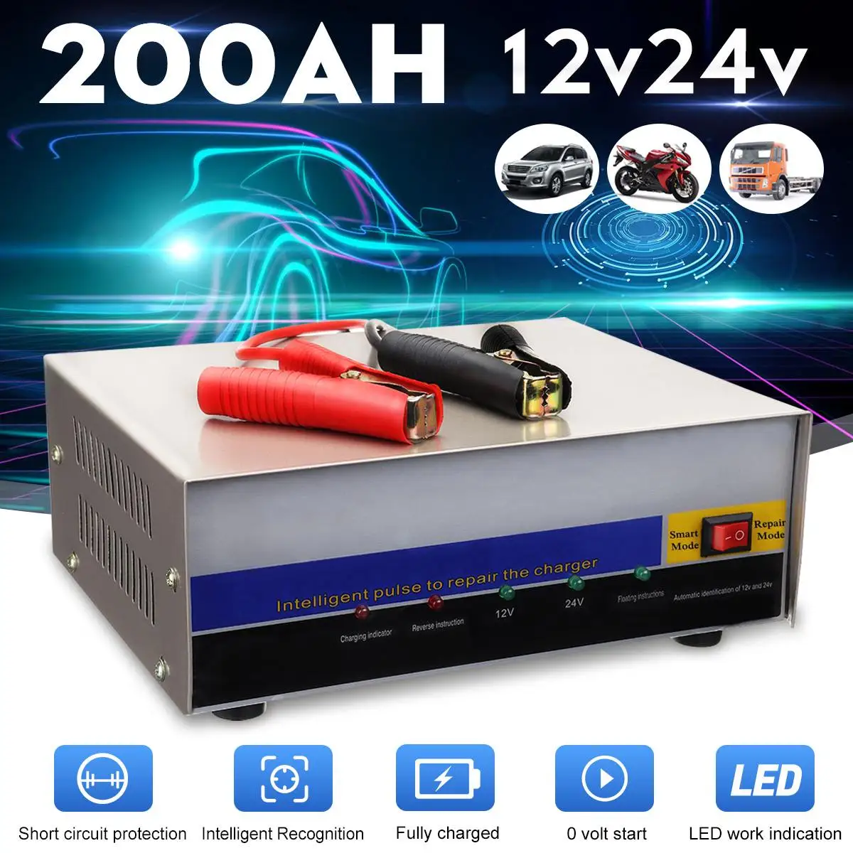 Universal 12V/24V Car Battery Charger Intelligent Pulse Repair Charger Voltage Automatic Identification 6AH-200AH
Universal 12V/24V Car Battery Charger Intelligent Pulse Repair Charger Voltage Automatic Identification 6AH-200AH