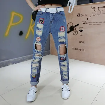Denim Distressed Ripped Boyfriend Jeans With Patches Destroyed Jeans Women Street Knee Big Hole Jeans For Women Loose Denim Pant
Denim Distressed Ripped Boyfriend Jeans With Patches Destroyed Jeans Women Street Knee Big Hole Jeans For Women Loose Denim Pant