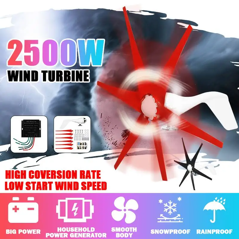 2500W 12V/24V S2 Type 6 Blades Wind Turbines Generator Fit with Wind Controller Gift for Home lights Or Boat Red Black
2500W 12V/24V S2 Type 6 Blades Wind Turbines Generator Fit with Wind Controller Gift for Home lights Or Boat Red Black