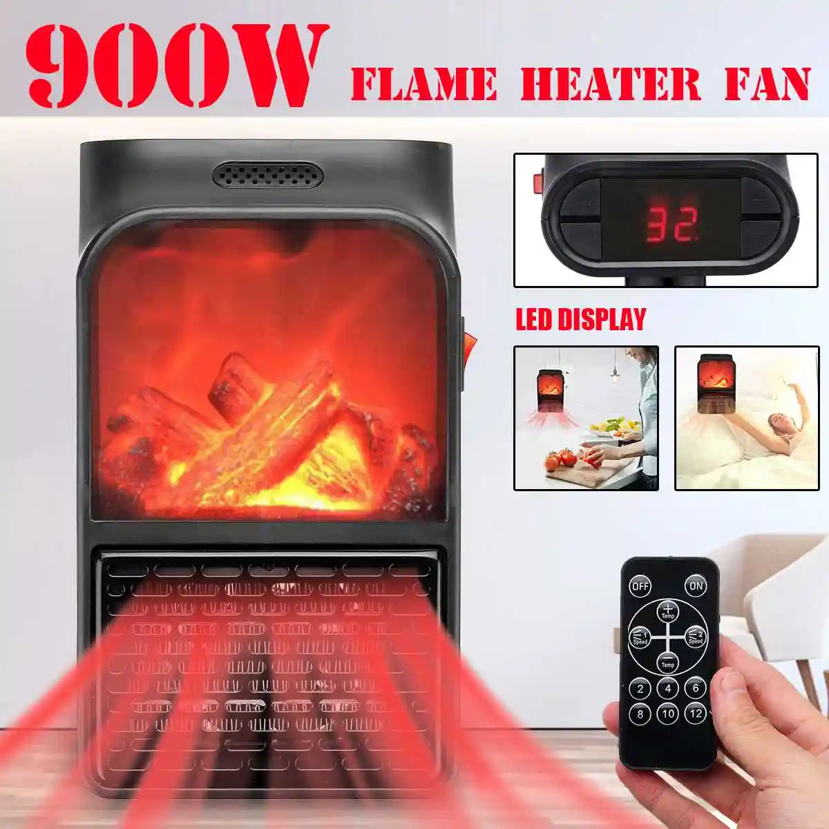 900w Mini Electric Wall Outlet Flame Heater Eu Plug In Air Warmer