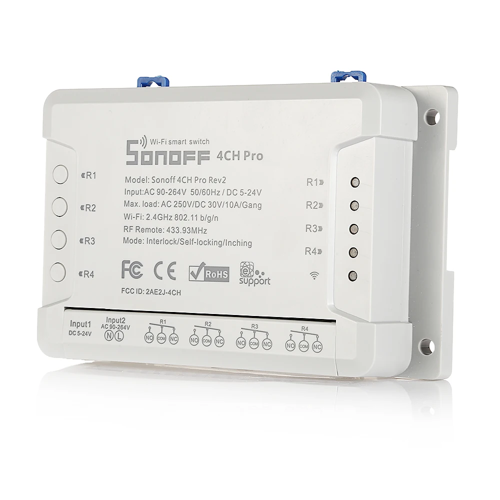 SONOFF 4CH Pro Rev2 WiFi Smart Switch Home 433MHz RF Light 4 Gang 3 Working Modes Inching Interlock With Alexa for Smart Home
SONOFF 4CH Pro Rev2 WiFi Smart Switch Home 433MHz RF Light 4 Gang 3 Working Modes Inching Interlock With Alexa for Smart Home