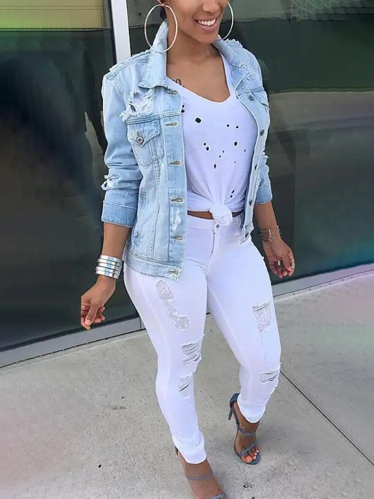 

Spring Women Plus Size 5XL 4XL XXXL Fashion Trendy Elegant Streentwear Hole Oversize Ripped Boyfriend Style Denim Coat