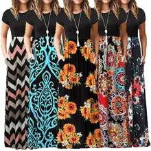 2019 llegada de las mujeres con estampado Floral de manga corta Boho Casual largo Maxi vestido partido playa vestido de fiesta ropa de Club(China)