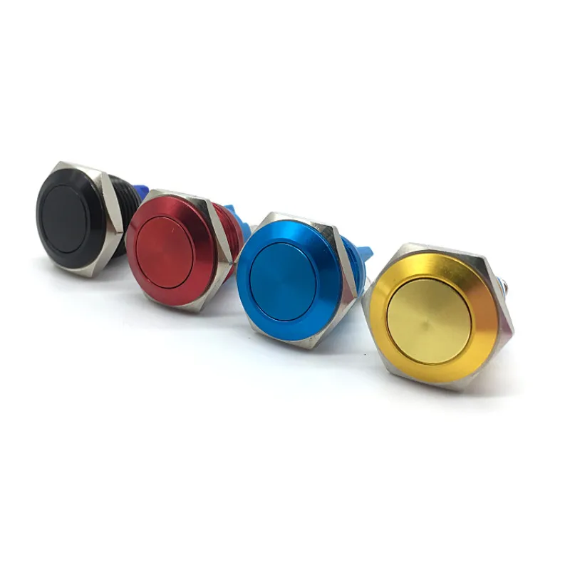 

Кнопочный переключатель, 2 шт./лот, 16 мм, 1, без мгновенного нажатия, винты, кнопка самосброса, красный, синий, черный, золотой, плоская металлическая кнопка, 4 цвета